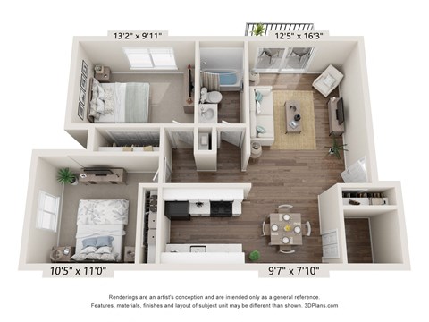 Floor plan for 2 beds, 1 bath, 850 sqft